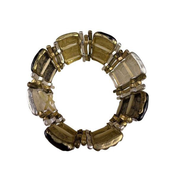 Chicos Womens Gold Tone & Black Statement Stretch Bracelet Unique Modern Design - Picture 3 of 5